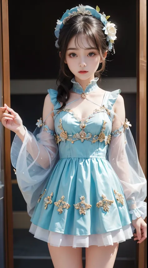 ​masterpiece, Top image quality:1.5, ((beautiful young girl)), Transparent skin:1.2, {A slight slim}, (kawaii), 
blue luxury clothes,