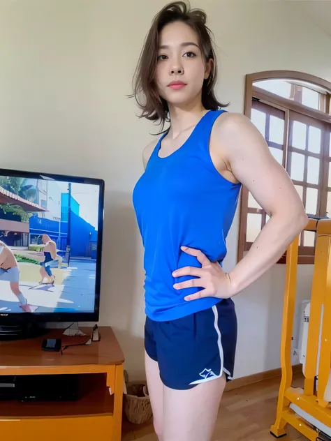 there is a woman standing in front of a television in a living room, short sports shorts and dark blue shorts, wearing blue tank top and shorts, t-shirt and sports shorts, wearing t-shirt and shorts, wearing gym equipment, in shorts, dressed in tank top an...