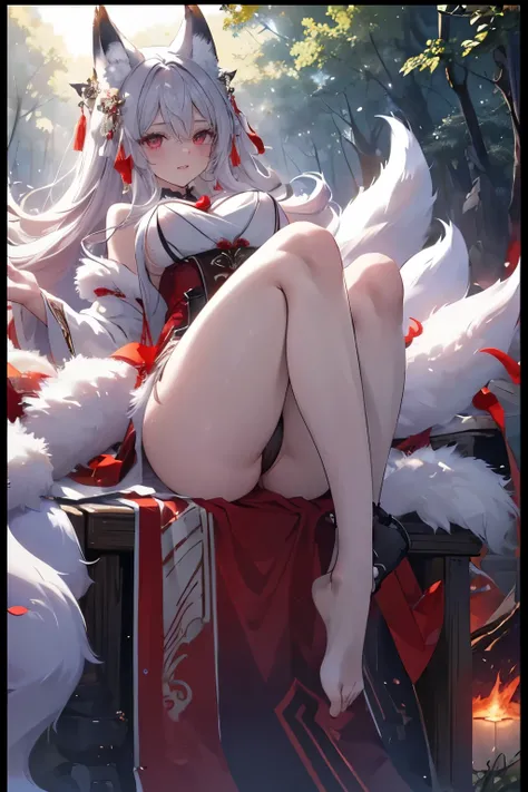 Awesome, high, erotic, fox girl, fox ears, cute legs, open chests, lewd face, cute eyes, forest, background, red eyes, extremely detailed 8K wallpaper),(ultra-detailed),(best quality),(masterpiece),(highly detailed),(cinematic lighting), full body, detaile...