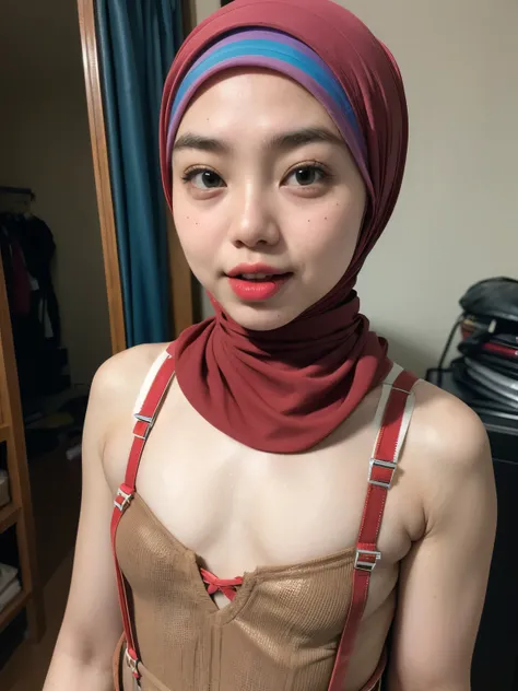 (WEARING SUSPENDER), ((Open mouth)), Naked singlet (((HIJAB MALAY GIRL))), masutepiece, High quality, UHD 32K, Realistic face, Realistic skin feeling , A Japanese Lady, 8 years old, , Very cute and baby-like face, (((FLAT CHEST))), (MATRIX WORLD), ((look I...