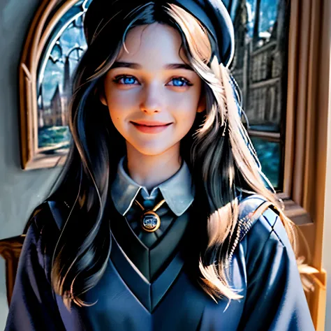 best quality,realistic,portrait,painting,medium:oil,ultra-detailed,beautiful detailed eyes,beautiful detailed lips,extremely detailed eyes and face,long eyelashes,sunlight,authentic Hogwarts uniform,black long hair,blue eyes,warm colors,happy expression,sm...