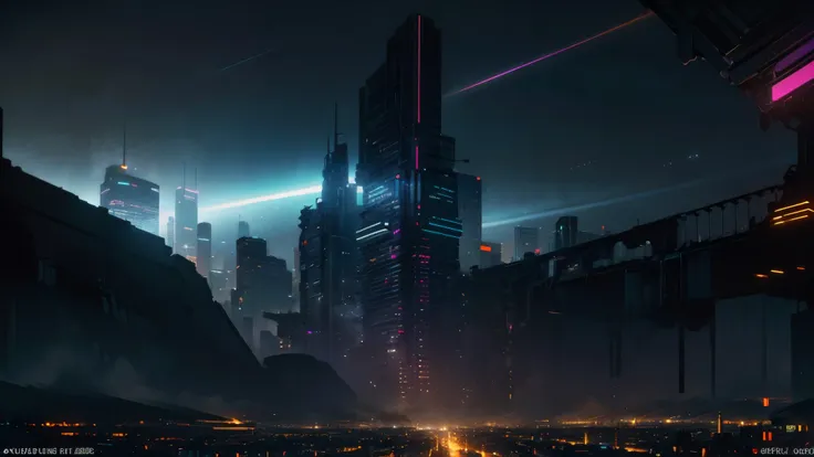 (masterpiece, best quality), illustration, concept art, landscape, wide angle shot, sprawling cyberpunk city, at night, huge sky...