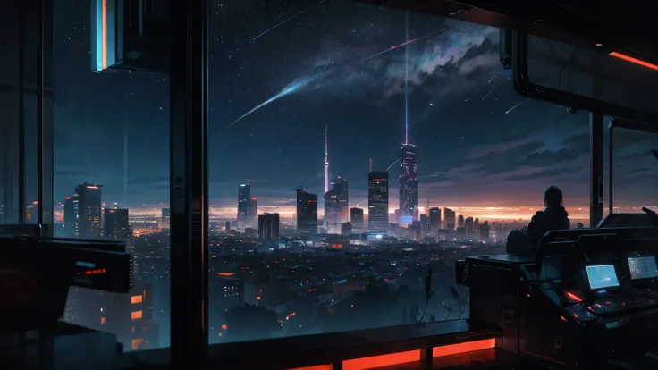 (masterpiece, best quality), illustration, concept art, landscape, wide angle shot, sprawling cyberpunk city, at night, huge sky...