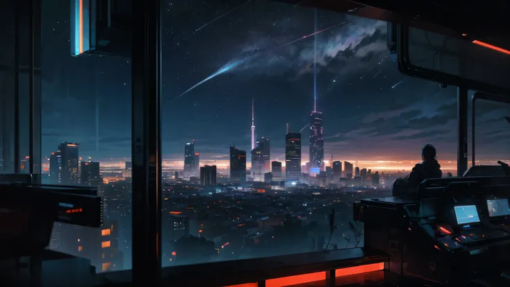 (masterpiece, best quality), illustration, concept art, landscape, wide angle shot, sprawling cyberpunk city, at night, huge sky...