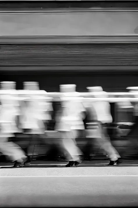 shuttling crowds，black and white film，negative，motion blur