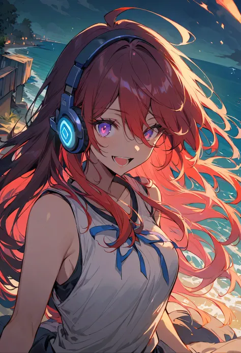 Uta (piece), oDa Eiichiro,, , 1 girl, :D, 瀏Ocean, blue ribbon, DiamonD-shapeD pupils, DiamonD (shape), hair between eyes, heaDphones, long hair, multicoloreD hair, open mouth, purple eyes, reD hair, ribbon, shirt, sign, sleeveless, sleeveless shirt, Smile,...