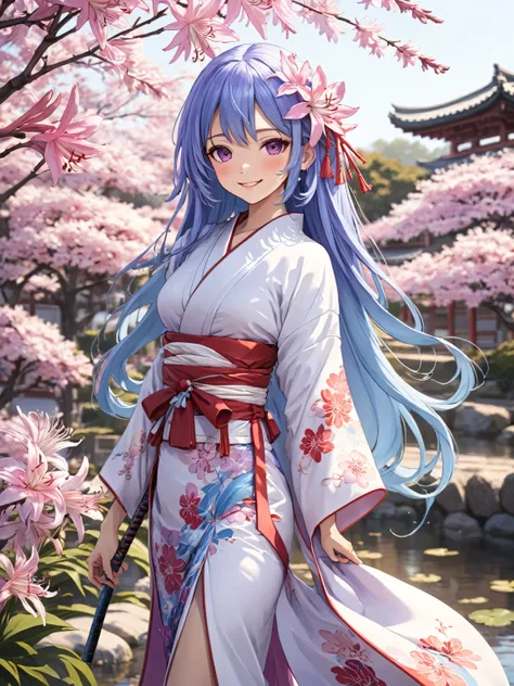 1 girl. smile. kimono, flower petals. flower garden. Nerine. (flower_style:0.8). four seasons. 
nice body,  beautiful skin. oily skin. very delicate and beautiful. super detailed. clear eyes. 
shine of light. mysterious atmosphere. In search of the legenda...