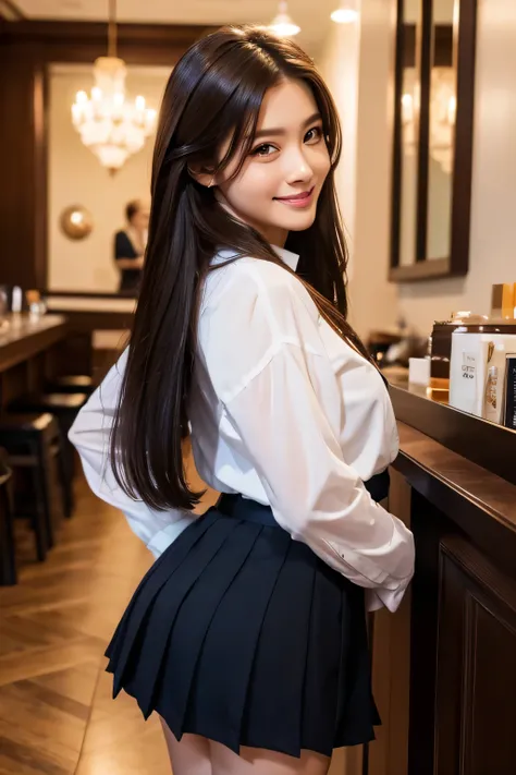 ((full figure supermodel standing, entire body in frame))、full bodyshot,complex set, wearing sluty school girl uniform, jewelry, parted lips, lips, from side, pleated skirt , intricate details, hand jewelry model pictures, close portrait, complex beauty, i...