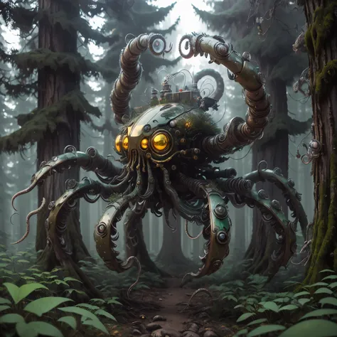 (最high quality, masterpiece, high detail), (8k, high quality, surreal), octopus cyborg mech4nim4lai, (forest),