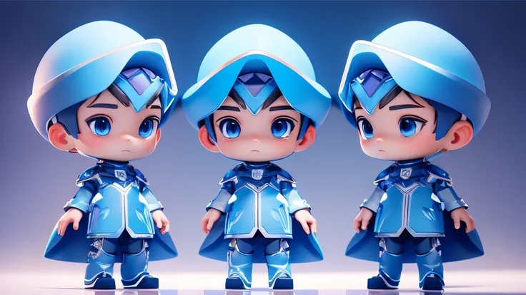 Tech blue clothing，Three angles of a boy，C4D style，stand，Three View，solid color background，rim light，higher detail，masterpiece，masterpiece，Technologically sensible dress-up，complete hand，Delicate facial features，Cool costumes，High-tech hat，AI
