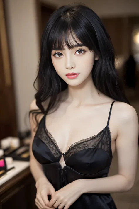 (((masterpiece, highest quality, Super detailed))), 1 female, (((very thin body))) , (((length, thin legs))), (((curly black hair, thick and fluffy bangs ))), (((highly detailed face))), cosmetics free, Small, thin nose, small thin mouth, (((Very sharp foc...