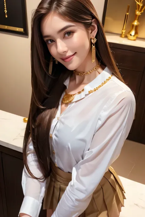 ((full figure supermodel standing, entire body in frame))、full bodyshot,complex set, ((white long sleeve button up blouse_with collar_Remove up to the second button＿brown pleated mini skirt:1.3)),, intricate details, hand jewelry model pictures, close port...