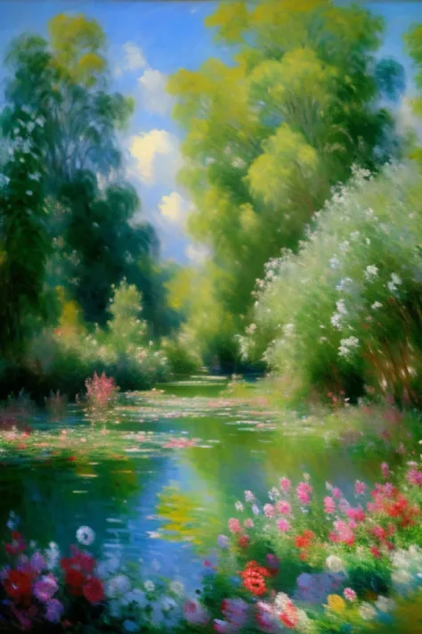 Make me a large painting, by an impressionist painter inspired by Claude Monets work "Le Bassin aux nymphéas", without humans or animals, Dominant colors green and purple and predominantly white water lilies, Big blue sky with a few white clouds, No signat...