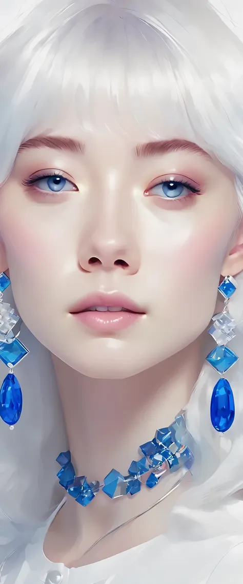 minimalist，fashion girl，white hair，blue background，wearing special earrings，bohemian style，defined eyelashes，full bright blue ey...