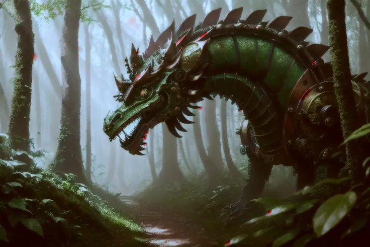 Close-up image of an ancient clockwork dragon, brass and steel, Nestled in a lush forest, bright green leaves, rusty gears, Mossy, ((masterpiece)), ((highest quality)), intricate mechanical details, (steampunk:1.2), (Natural regeneration:1.3), (fantasy:1.1...