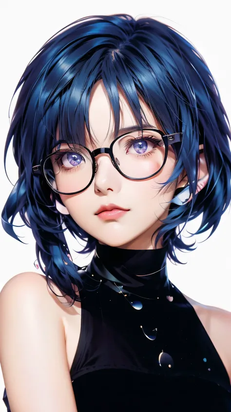 a close up of a person with glasses and a black top, 2 d anime style, anime moe artstyle, 2 d anime, with glasses, short blue haired woman, in an anime style, anime styled, anime visual of a cute girl, in anime style, portrait of an anime girl, anime style...