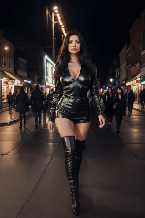 Beautiful woman walking in no-frills knee boots. photorealisim, hight resolution　Natural light　Leather Black High Heels ,thin heels, enamel、beauty legs, shag hair, (Big breasts:1.4,background is a night town with spotlight lights, (high detailed skin: 1.2)...