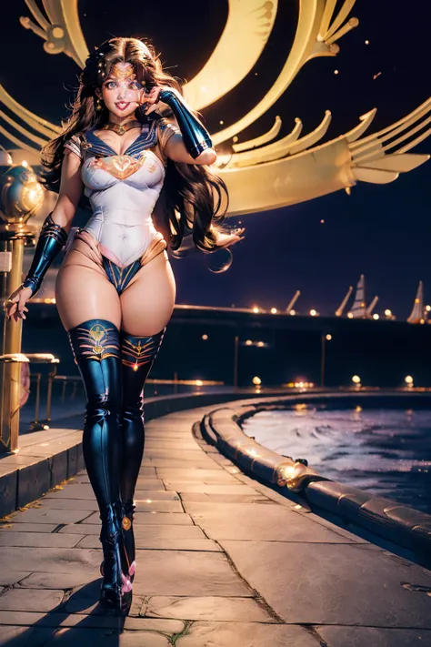 (Beautiful: 1.0), (Girl: 1.0), (Long Brown Hair: 1.1), (Blue Eyes: 1.1), (Breast Size: 40DD), (Leather Boots: 1.2), (Perfect Bum: 1.5), (Smiling: 1.3), (Sailor Moon Cosplay Clothing: 1.7), (Charm: 1.4), (Sensual: 1.6), (Sailor Attire: 1.7), (Curvy Cosplay:...