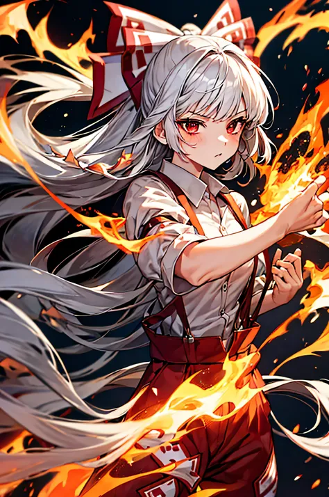 masterpiece, highest quality, perfect face, highest resolution, Highest image quality,Detailed depiction of the eyes,fujiwara no mokou.,1 girl solo, she has white hair,red eyes,she is wearing a white shirt,perfect anatomy,Triumphant,bounce,take a stand,Dan...