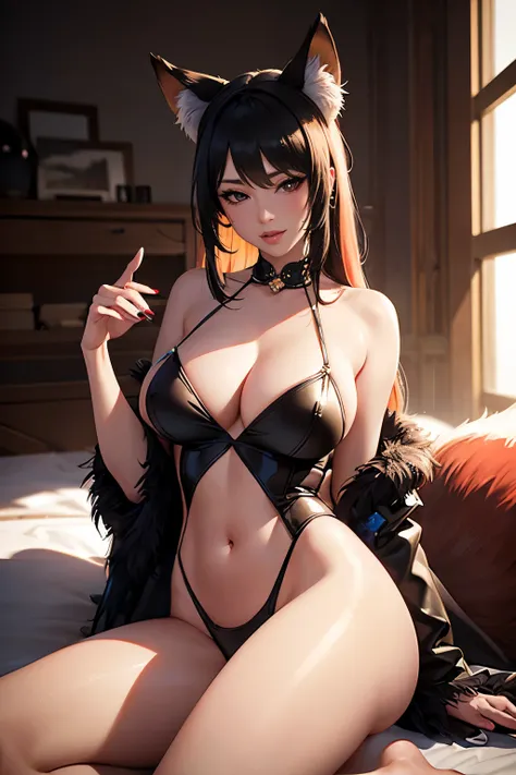 Kitsune, the enchanting fox girl, exudes a lewd and playful allure. Dressed in a skimpy outfit that highlights her erotic curves, she seductively sits with a lewd expression on her face. The intricate details of her fur texture and her seductive pose are c...