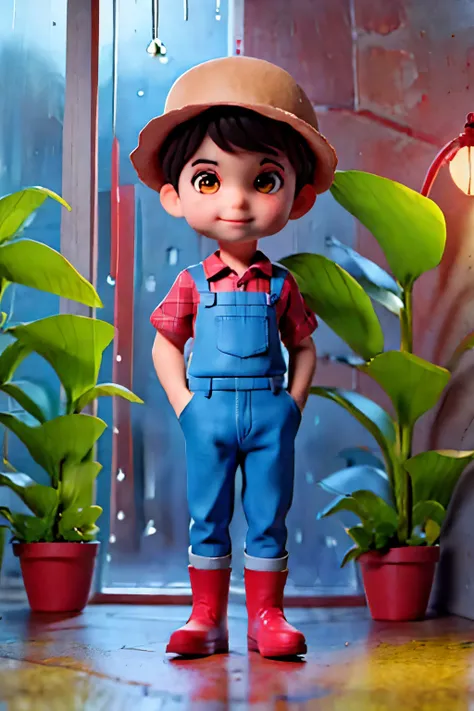 create the character of a boy, black hair, with june party clothes, brown straw hat, denim overalls, red plaid shirt. country fe...