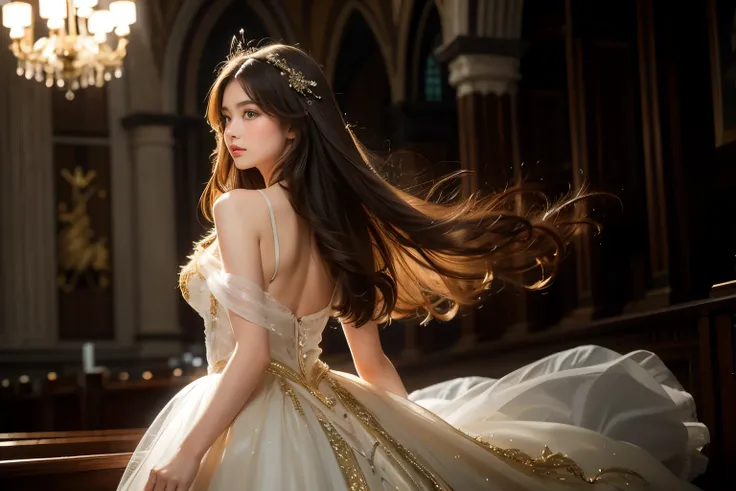 1 girl, masterpiece, very detailed, ((cinematic lighting)), (shine), ((dramatic lighting)), ((beautiful delicate shine)), intricate details, Lens flare, blonde, long hair, colorful dresses, butterfly hair ornament, butterfly, (particles of light), turn you...