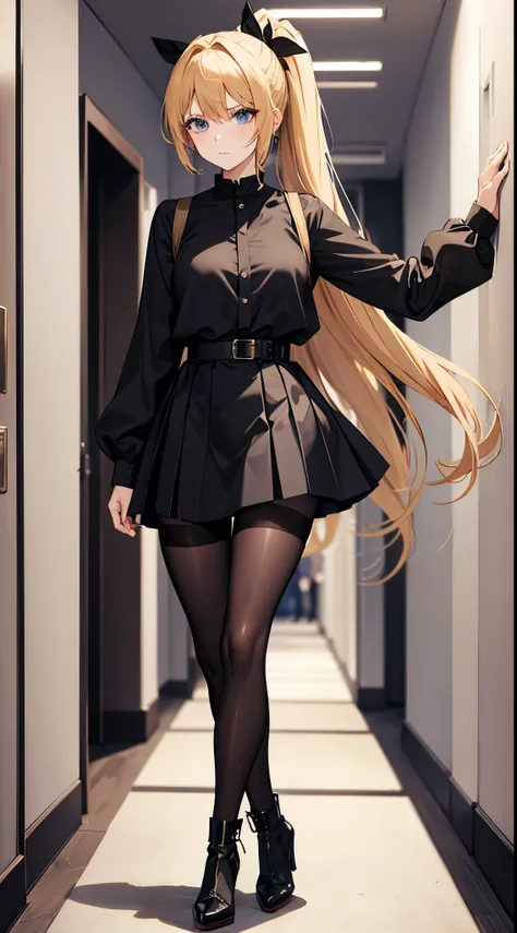 anime woman with blondish hair in a ponytail wearing a black bow, a black skirt, pantyhose and high heel boots walking on a hallway