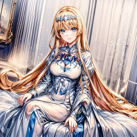 (A beautiful anime girl, sitting gracefully. radiating elegance and charm. Her smile brightens up the room, complementing her fair and flawless complexion.),  1girl,solo, Calca, Calca Bessarez, blonde hair, extremely long hair, very long hair, white tiara,...