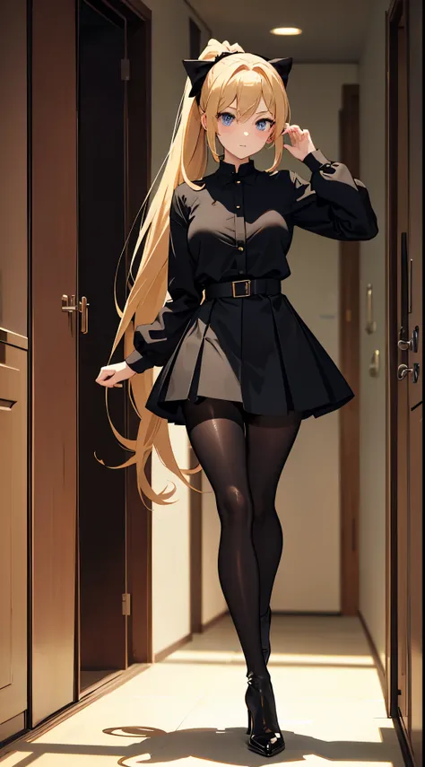 anime woman with blondish hair in a ponytail wearing a black bow, a black skirt, pantyhose and high heel boots walking on a hallway