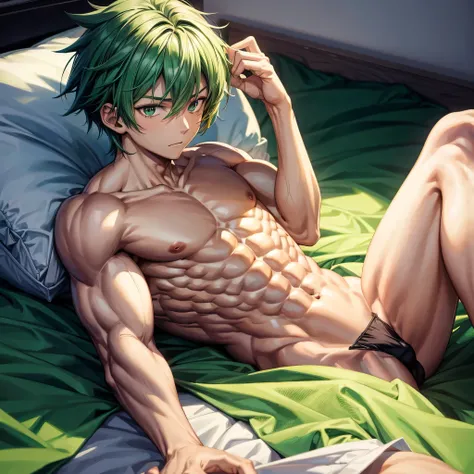 Anime guy without top Muscular with 6 pack abs With green hair Lying on the bed 