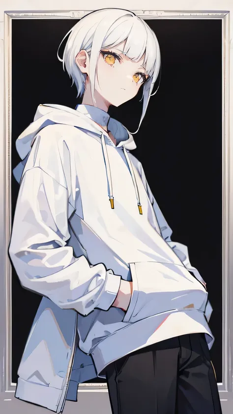 young man,One man,Close the front of the hoodie,pure white hoodie,Simple hoodie,Center pocket,put one&#39;s hand in one&#39;s pocket, white turtleneck,big hoodie,white inner,white shirt,White neck,white shirt,black pants,black pants, No expression, long ey...