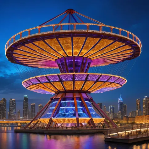 (best quality,4k,8k,highres,masterpiece:1.2),ultra-detailed,(realistic,photorealistic,photo-realistic:1.37),giant geometric structure,ferris wheel,illuminated,mesmerizing lights,impressive size,modern architecture,steel framework,towering structure,strikin...