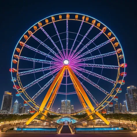 Ultra wide angle, giant geometric structure,ferris wheel,illuminated,impressive size,modern architecture,steel framework,towering structure,striking design,awe-inspiring,imposing,extraordinary engineering,breathtaking view,iconic landmark,rising against th...