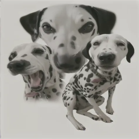 three dalmatian dogs are sitting next to each other, spotted ultra realistic, spots, white with black spots, dog, pet animal, white with chocolate brown spots, portrait shot, spotted, detailed portrait shot, different closeup view, [ realistic photo ]!!, c...