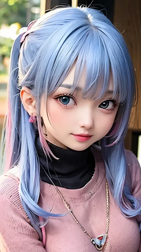 The arrival of autumn、small face、 (alone:1.5,)Super detailed,明るいcolor, very beautiful detailed anime face and eyes, look straight, shiny_skin,girl, (((虹colorの髪, colorful hair, Half blue、half pink hair: 1.2))), 、shiny hair, delicate beautiful face, blush、G...