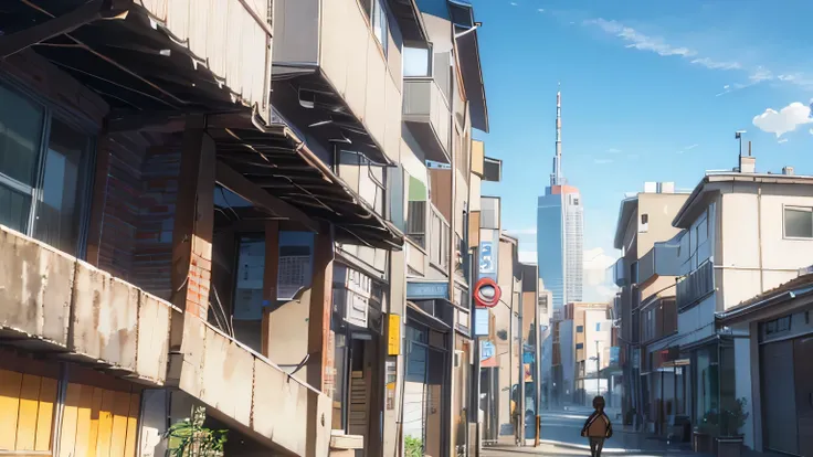 Building construction site、Young man wearing work clothes、Holding a shovel, wearing a helmet and wiping away sweat、look up at the sky、From a bottom-up angle