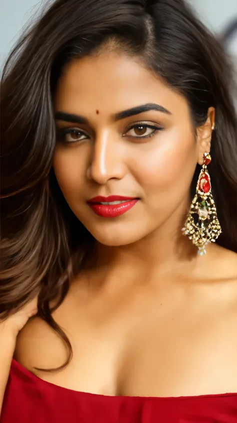 indian face closeup, red lips, necklace, deep cleavage