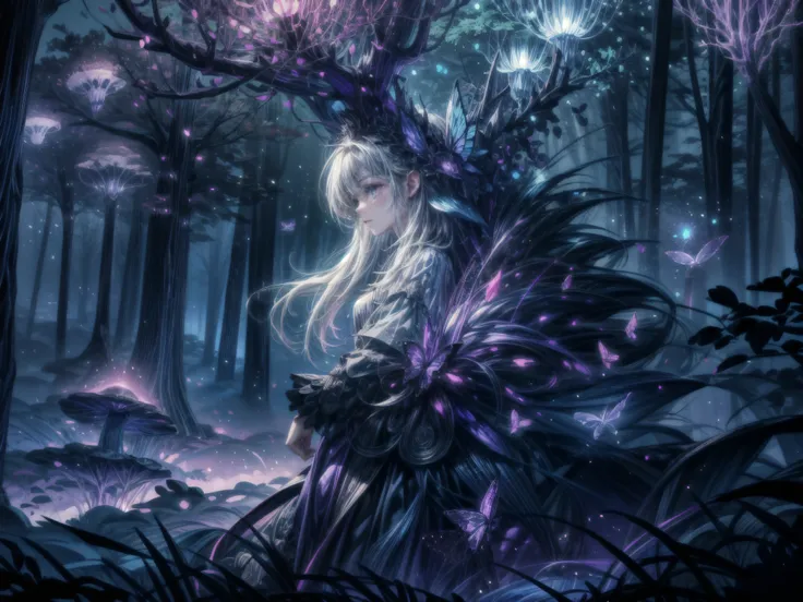 Elaborate lighting, ((Best quality)), ((masterpiece)), (detailed), dark forest, dark fantasy, fantasy, magical forest, landscape, neon mushrooms, neon moss, violet colors, blue colors, mystery, luminous butterflies, neon, inflated colors