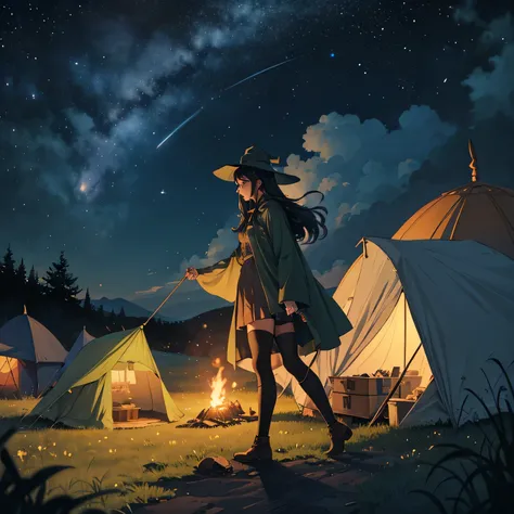 Snufkin,adult woman,long hair,black hair,curl,witch,night,under the starry sky,masterpiece,High resolution,beautiful face,lipstick,Traveling,full body,Soldiers returning from the battlefield,arms,gun,smoke of gunpowder,tent,extreme details,perfection,Like ...