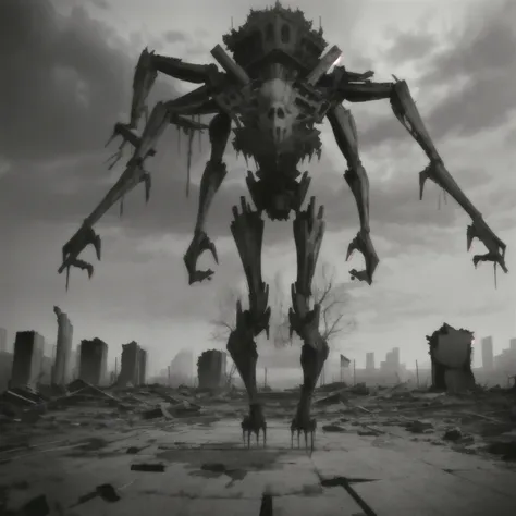 monster, 

full body, no expression, empty eyes, after the apocalypse, a crumbling city in the background, portrait