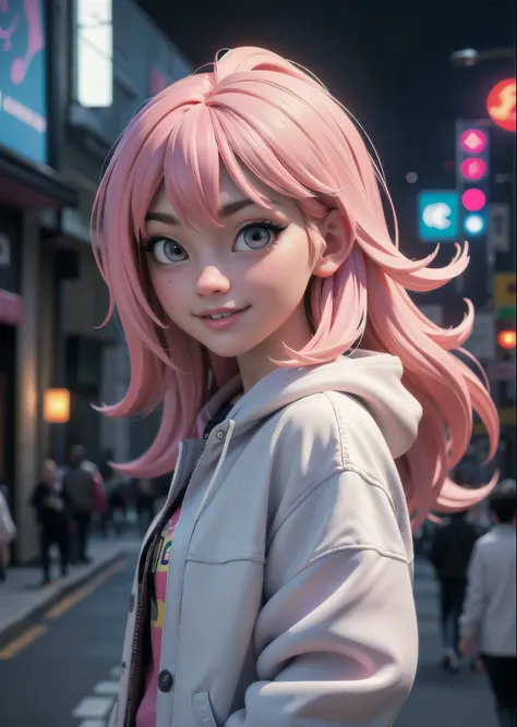 masterpiece, highest quality, Half body, portrait, City of night, 1 girl, anime, 3D, Japan, pixar, realistic, teenage girl, smile, cute face, Harajuku Fashion Style, Raincoat, beautiful, colorful, neon light, cyber punk, Smooth skin, figure, art station, s...