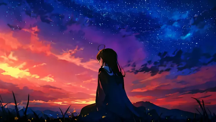 sunset、hill、cloud、long hair、woman、sitting、silhouette、back view、beautiful starry sky、look up at the sky、The wind is blowing、Wide sky、headphones