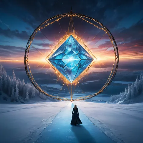 super wide angle, HD wallpapers, frozen lake, A huge geometric object composed of glowing arcs and metal light chains in the sky, Witch&#39;s Back, Movie poster style and HD top view photography, game of thrones style, Unpleasant, fear, scary look, ultra h...