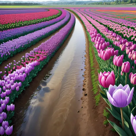 purple tulip flower field in the lake