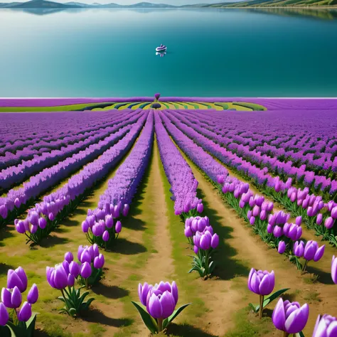 purple tulip flower field in the lake