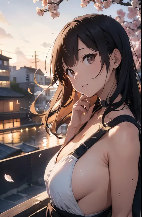 On the rooftop during golden hour、Background night city skyline, Beautiful Japanese woman photographed in sexy swimsuit, towards the camera. She wears a white swimsuit, Minimalist white swimsuit, Her long green hair is blowing gently in the breeze. A golde...