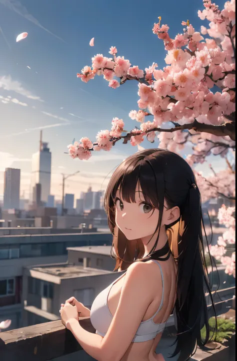 On the rooftop during golden hour、Background night city skyline, Beautiful Japanese woman photographed in sexy swimsuit, towards the camera. She wears a white swimsuit, Minimalist white swimsuit, Her long green hair is blowing gently in the breeze. A golde...