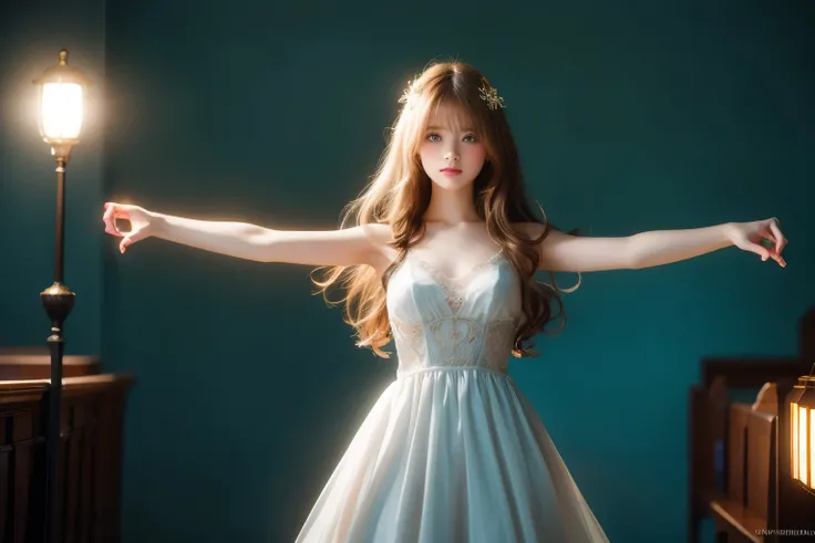 1 girl, masterpiece, very detailed, ((cinematic lighting)), (shine), ((dramatic lighting)), ((beautiful delicate shine)), intricate details, Lens flare, blonde, long hair, colorful dresses, butterfly hair ornament, butterfly, (particles of light), turn you...