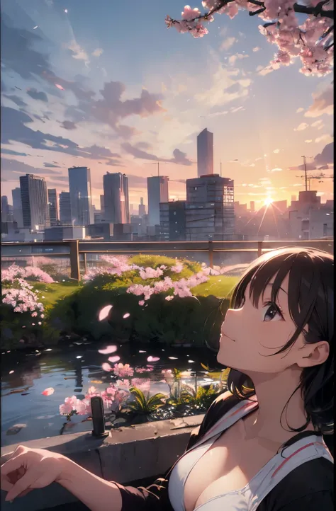 On the rooftop during golden hour、Background night city skyline, Beautiful Japanese woman photographed in sexy swimsuit, towards the camera. She wears a white swimsuit, Minimalist white swimsuit, Her long green hair is blowing gently in the breeze. A golde...