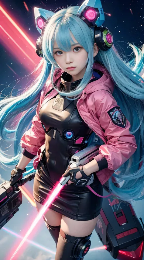 RAW image quality, One super cute girl is wearing a pink jacket armor, mechanical wing, space war background, Rainbow Aura Body, supernova power, light blue hair, red eyes, perfect body, sexy, neon glow, Beam sabre, sad mood, very detailed, combat readines...